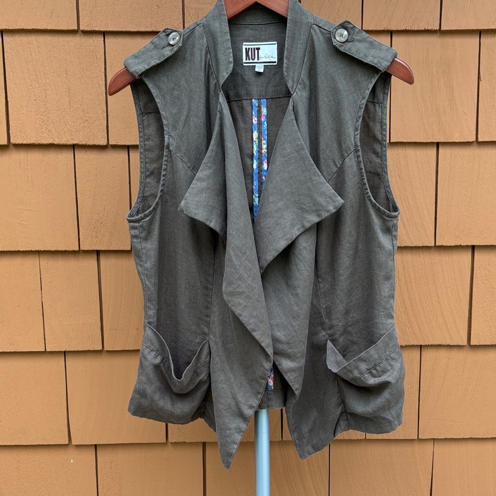 KUT FROM THE CLOTH | Olive Utility Drape Front Boho Flowy Linen Vest | Size S